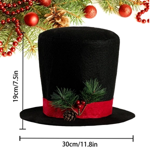 Christmas tree topper black felt top hat with red ribbon pine cones and berries decoration