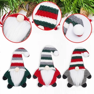 Three-piece Christmas gnome ornaments set with striped hats and plush white beards