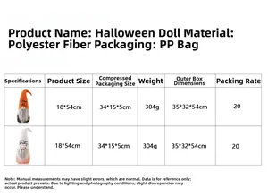 Tableau des tailles pour gnomes d'Halloween orange avec dimensions de 18x54 cm