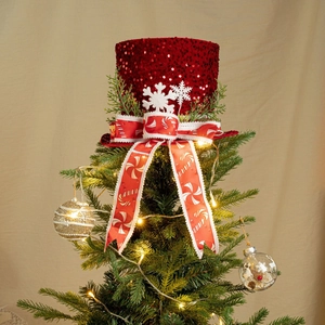 Red Sequin Christmas Tree Top Decorative Hat With Candy Cane Striped Bow Snowflake Pine Needle Festive Holiday Topper Ornament