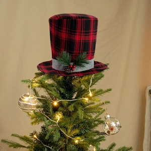 Red and black buffalo plaid Christmas tree topper hat with pine cones and berries
