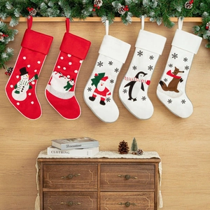 Embroidered Christmas Stocking Large Santa Penguin Fox Snowman Bear Holiday Gift Bag Hanging Ornament Home Decoration