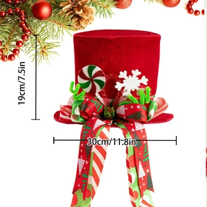 Red velvet Christmas tree topper hat with lollipop decor and festive ribbons for holiday