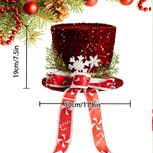 Christmas tree topper hat with red sequins, white snowflakes and festive candy ribbons