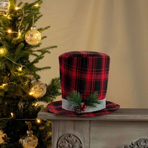 Vintage Christmas Tree Topper Red Black Plaid Top Hat With Pine Cones Berries Collapsible Buffalo Check Holiday Decoration