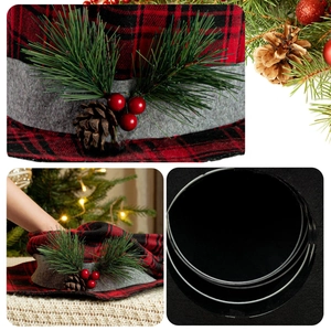 Plaid Christmas tree topper hat with pine cones and berries, foldable metal frame design