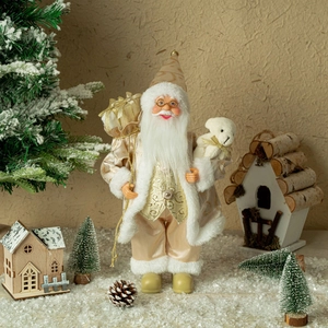 Detailed 12-inch Santa figurine in champagne gold and beige with a small white bear toy