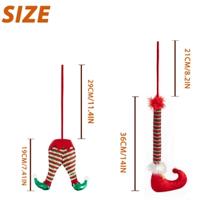 Christmas plush branch elf legs decorations in two sizes with festive striped patterns