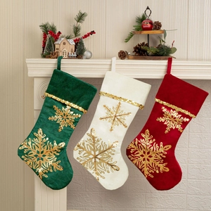 Chaussette de Noël Luxueuse Sac Cadeau Tissu Paillettes Dorées Flocon de Neige Ornement pour Fête Maison Cheminée Décor