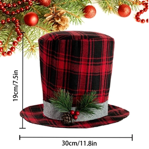 Christmas tree topper hat in red and black plaid with festive pine cones and berries