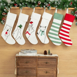 Cartoon Christmas Stocking Polyester Animal Embroidered Hanging Socks For Holiday Home Decor Striped Xmas Gift Bag