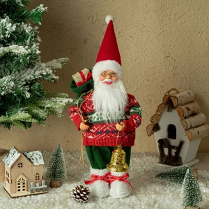 Detailed view of standing Santa doll with knitted Nordic sweater and gold bell accessory