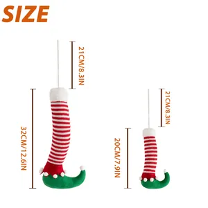 Size chart showing large and small Christmas elf leg ornaments with detailed measurements