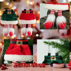 Red and green Christmas elf leg ornaments for tree decoration with velvet finish