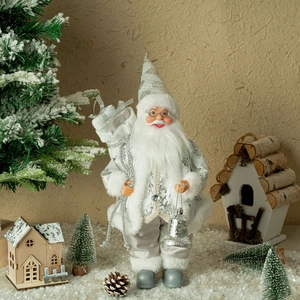 Detailed close-up of a 12-inch silver Santa Claus figurine with ornate velvet robes and bell