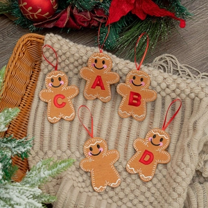 5-piece set of gingerbread man Christmas tree ornaments with letters and red ribbons