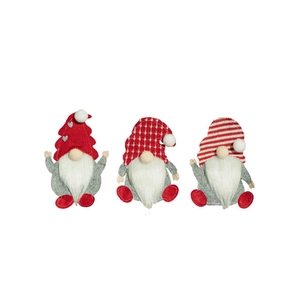 Set of three Christmas gnome cutlery holders with red knit hats on a white background