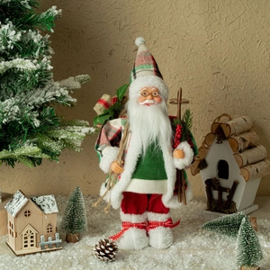 Detail of 12-inch standing Santa doll with plaid outfit, burlap gift bag, and festive decor