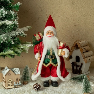 Close-up of a 12-inch Santa doll in red velvet with gifts for Christmas decoration