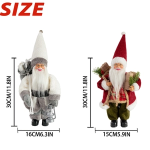 Detailed size view of 12-inch Santa Claus figurines in grey and red festive outfits