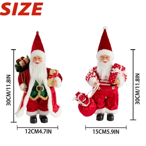 Detailed size specifications for two 12 inch standing Santa Claus Christmas figurines