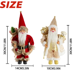 Detailed size comparison for 12-inch Santa Claus figurines in red and champagne gold outfits