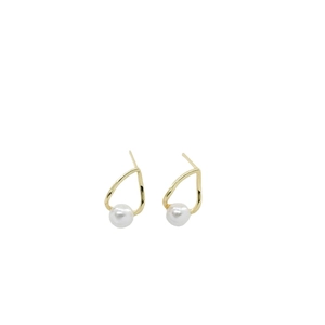 Elegant gold teardrop metal stud earrings with white pearl inlay on white background