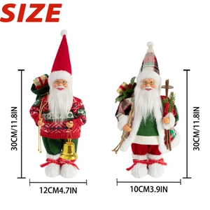 Detailed dimensions for 12-inch standing Santa Claus figurines with festive holiday outfits