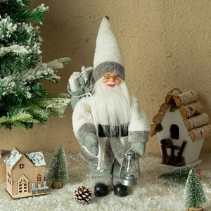 12-inch grey and white Santa Claus figurine holding lantern for Christmas decor