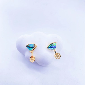 Gold-plated fan-shaped drop earrings with blue-green shell inlay and flower charm