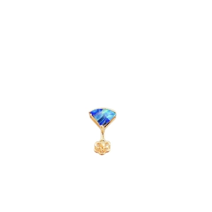 Gold plated fan shaped earrings with blue green abalone shell inlay on white background