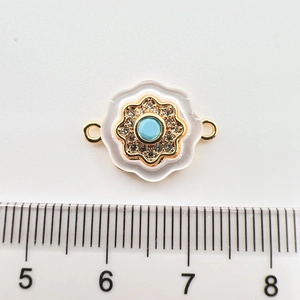 18k gold plated floral jewelry connector with turquoise bead and crystals, 18mm detail