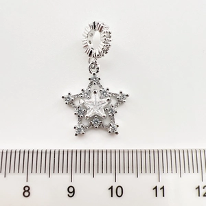 Macro d'un pendentif étoile en argent avec zircons et règle pour la taille réelle