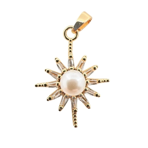 Pendente stella placcato oro con perla centrale e pietre di zircone baguette
