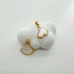 18K gold-plated brass fan and heart pendants with white shell inlay and zircon accents