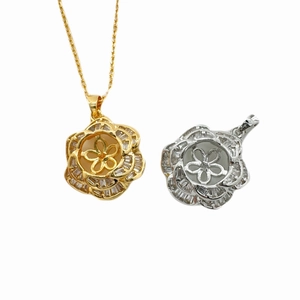 Exquisite 925 silver camellia flower pendants with pave crystals in gold and silver finish