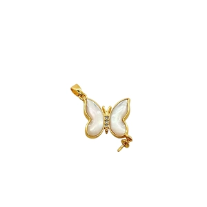 Golden butterfly pendant with white shell wings and zircon inlay for DIY jewelry making
