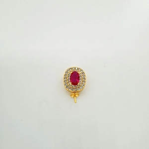 Macro shot of oval red gemstone pendant base with double cubic zirconia halo for DIY jewelry