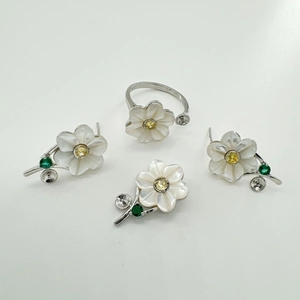 Detail view of S925 silver flower ring and earrings set with shell petals and colorful zircons