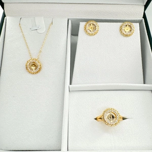 Golden sunburst jewelry set with pearl-inlay ring, necklace and s925 silver earrings