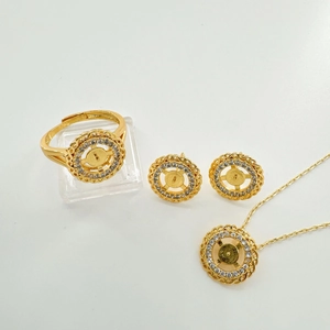 Golden sunflower jewelry set including open ring, stud earrings and pendant necklace