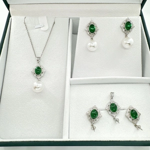 Vintage emerald zircon and pearl jewelry set with S925 silver base in premium gift box