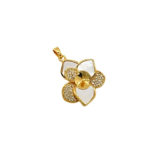 Elegant gold flower pendant with white mother of pearl petals and cubic zirconia inlay