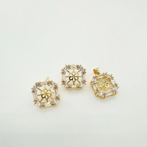 18K gold plated jewelry set featuring square earrings and pendant with cubic zirconia
