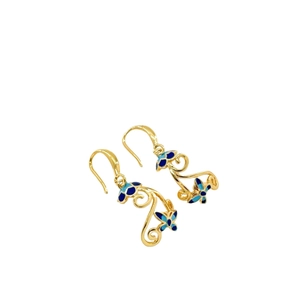 18K vergulde bloem- en vlinderorbellen met blauw emaille en parelaccenten
