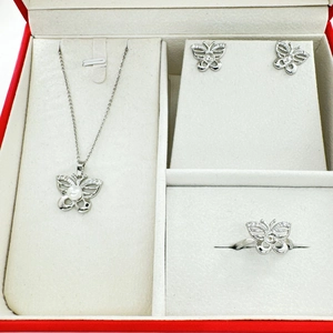 Silver butterfly jewelry set with necklace earrings and ring featuring white pearls