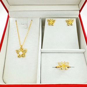 18K gold-plated butterfly jewelry set with pearls and crystals in a red gift box