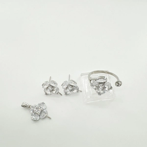 Conjunto de joyas de flores en plata S925 con circonitas brillantes con anillo y pendientes