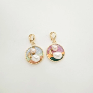 French Oil Painting Style Round Copper Enamel Pendant Only With Artificial Baroque Pearl Gold Plated Flower Leaf Charm For DIY Jewelry