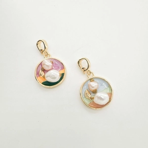 French oil painting floral charm with pearls and detachable lobster clasp for necklaces
